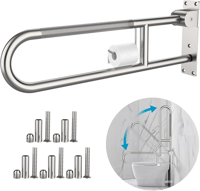 Toilet Grab Bar 30.3 Inch, Munzong Anti-Slip Handicap Grab Bars with Paper Holder, Flip-Up Bathroom Toilet Safety Rails, Stainless Steel Knurled Support handrails for Seniors Elderly Disabled Pregnant