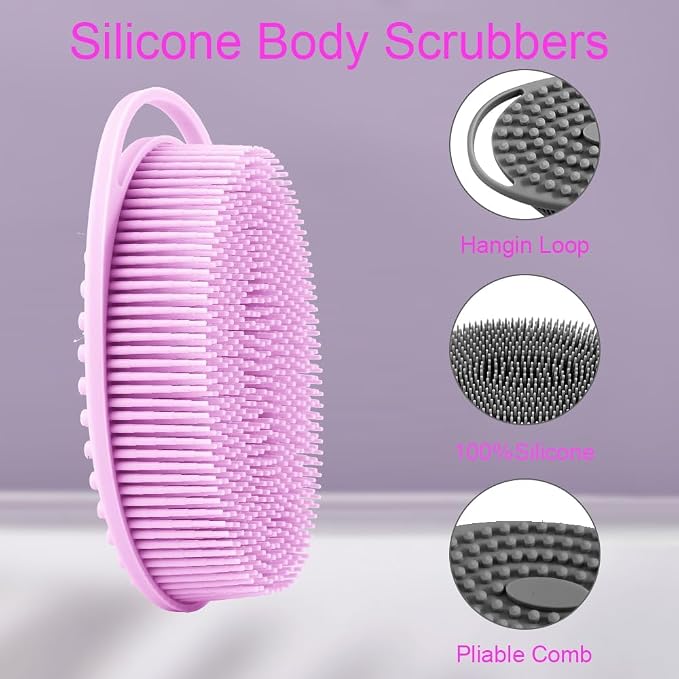 Soft Silicone Body Shower， Exfoliating Silicone Body Scrubber, Silicone Loofah 2 in 1 Bath and Shampoo Brush, Body Scrubber Shower Easy to Clean for Sensitive Skin, Lather Well 2 PCS Black and Purple