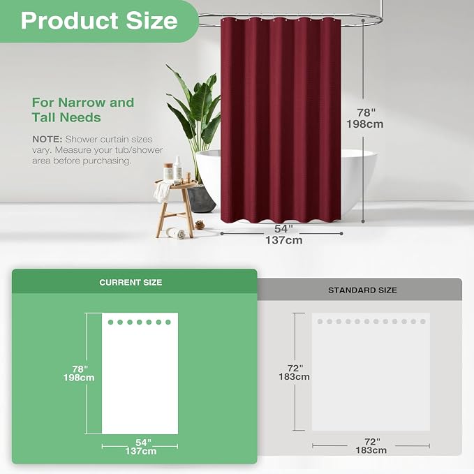 Dynamene Stall Fabric Shower Curtain - 54x78 inch Long Waffle Weave Weighted Thick Cloth Shower Curtains for Bathroom, Heavy Duty Hotel Spa Luxury Bath Curtain Set with 10 Plastic Hooks, Burgundy