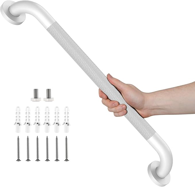 White Grab Bar 24 Inch, iHansee Anti-Slip Bathroom Grab Bar w/Knurled Grip, Stainless Steel Safety Handrail for Toilet Bathtub Shower, Wall Mounted Matte Black Handicap Bars Handle for Senior Elderly