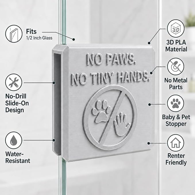 Frameless Glass Shower Door Lock Sleeve - Baby Proofing & Pet Stopper for Bathroom Sliding Doors - No-Drill Security Bumper,Funny Sign – (Silver, 1/2 inch)