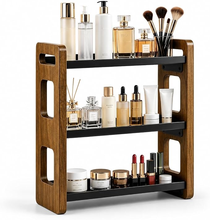 3-Tier Acacia Wood Bathroom Countertop Organizers and Storage, Vanity Bathroom Sink Organizer Shelf for Skin Care Makeup Cologne and Perfume, Small Countertop Storage Organizer for Dresser