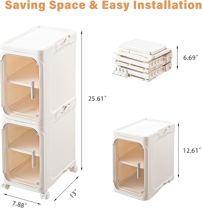 2-Tier Slim Bathroom Storage Cabinet, Narrow Storage Cabinet with Wheels, Adjustable Shelves, Magnetic Doors, Water-Proof, Anti-Tip Skinny Organizer Cabinet for Small Space, Cream White