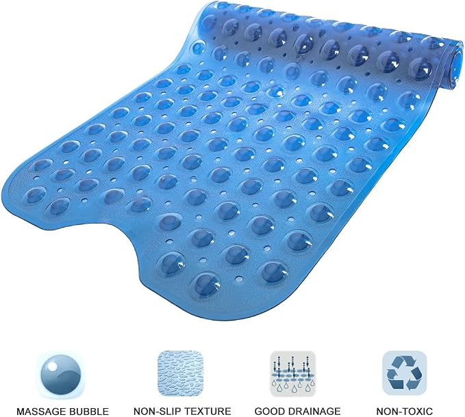 Bathtub and Shower Mats, Extra Long Non-Slip Bath Tub Mat 39 x 16 Inch, Machine Washable Bathmat with Suction Cups & Drain Holes for Bathroom Floor, Clear Royal Blue