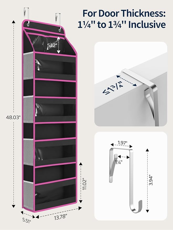 Yecaye 5 Tier 1Pc Over the Door Organizer, Stuffed Animal Storage with Clear PVC Windows, Door Organizer Hanging for Bedroom Nursery Closet Dorm Room Laundry Pantry Bathroom, Black and Pink, 1 Pack
