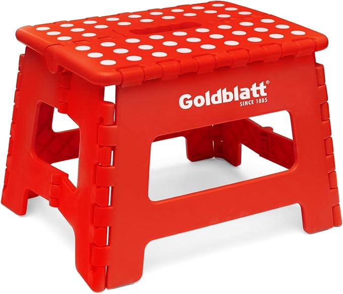 Goldblatt 8.5" Folding Step Stool for Adults and Kids, Lightweight Heavy-Duty Plastic Portable Foldable Stool with Non-Slip Top and Anti-Skid Feet, 300 lbs Capacity, Kitchen & Bathroom, Red