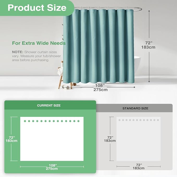 Dynamene Extra Wide Shower Curtain-108 Inch Wide Waffle Weave Weighted Thick Cloth Bathroom Shower Curtain, Neutral Heavy Duty Hotel Bath Curtain Set with 18 Plastic Hooks,108x72, Teal/Turquoise