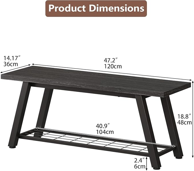Oastreeful Industrial Entryway Bench Rustic Wood and Metal Storage Bench for Indoor Living Dining Room Bedroom Long Shoe Benches Seat (Charcoal Black)