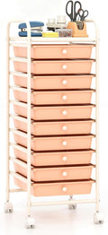 10-Drawer Rolling Storage Cart, Trolley w/Lockable 360° Wheels, 10 Removable PP Drawers, Sturdy Metal Frame, Rolling Utility Cart Perfect for Home, Office, Classroom (Peach Fuzz)