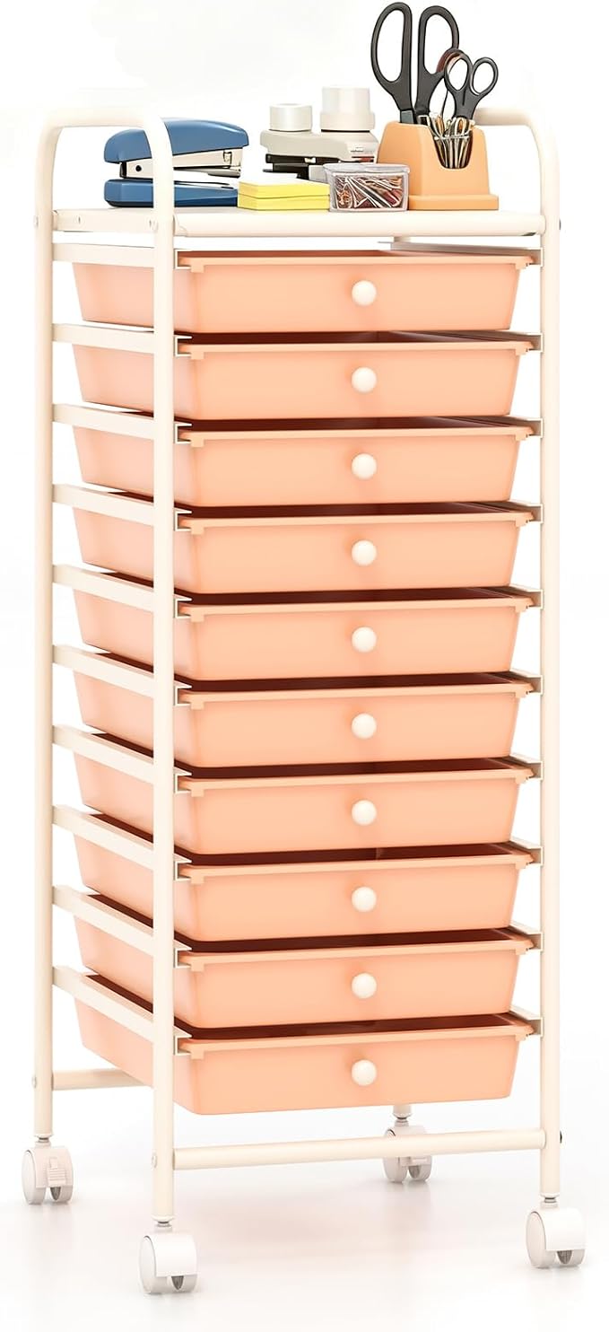 10-Drawer Rolling Storage Cart, Trolley w/Lockable 360° Wheels, 10 Removable PP Drawers, Sturdy Metal Frame, Rolling Utility Cart Perfect for Home, Office, Classroom (Peach Fuzz)