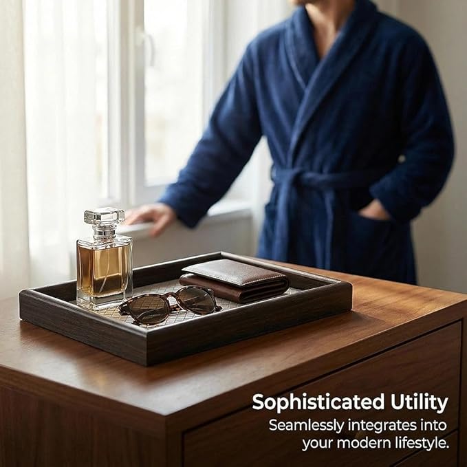 Wooden Valet Tray with Leather Base - Nightstand Catchall Organizer for Cologne, Perfume, Keys, Wallet, Phone, Watch, Jewelry & Sunglasses (Llight Gray)