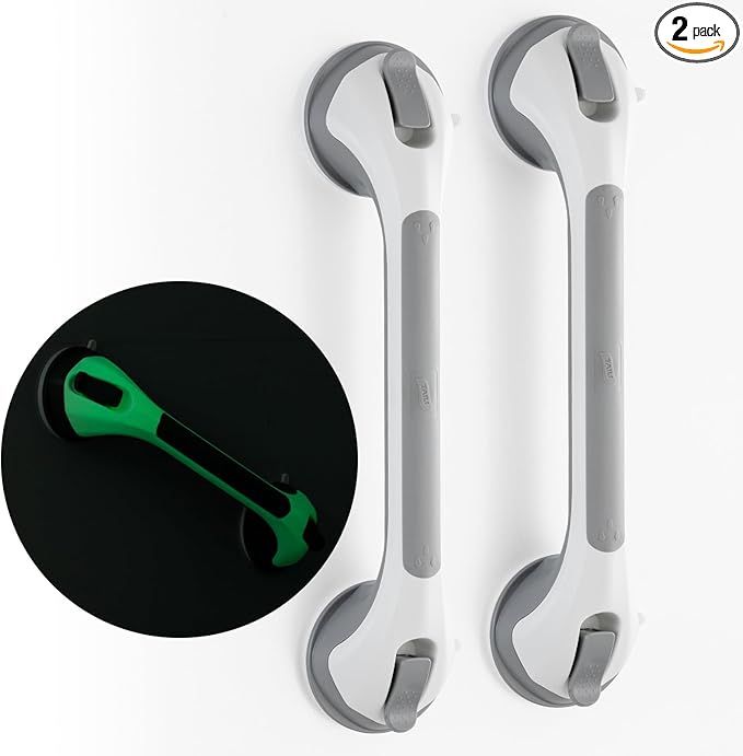 TAILI Shower Grab Bar Glow in The Dark, 2 Pack 16.8 in Grab Bars for Bathtubs and Showers,Shower Handles Rails for Seniors and Elderly,Bathroom Safety Grip Removable No Drilling Waterproof Grey,G9