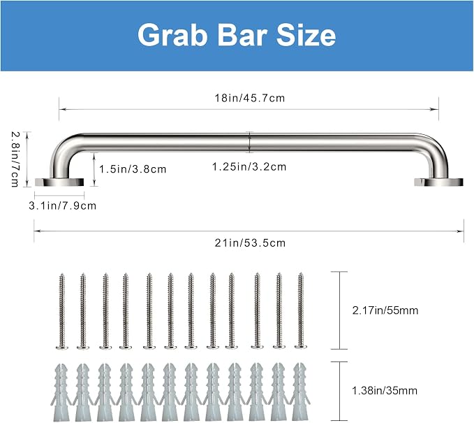 2 Pack 18 Inch 304 Stainless Steel ADA Grab Bars, Wall Mounted Non Slip Safety Handrails, Bathroom Support Bar for Shower Bathtub Toilet, Anti-Fall Grip for Elderly Seniors Disabled, Brushed Nickel