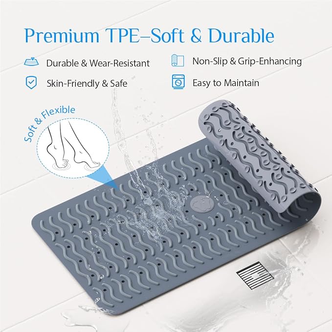 Non Slip Bathtub Mat & Shower Mat, 31x15'' Anti Slip Bath Mat for Tub, Soft TPE Anti-Skid Bathroom Mat with 194 Suction Cups & Drain Holes, Wave-Textured Grip, Machine Washable, Grey
