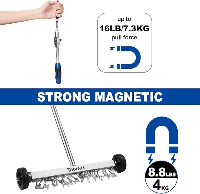 Toolwiz 17" Rolling Magnetic Sweeper 8.8lbs, with 16 lbs Telescopic Magnetic Pick Up Tools –Lightweight Pick-up Sweeper with Wheels for Nails, Screws & Metal Debris Home Use Workshop Garage