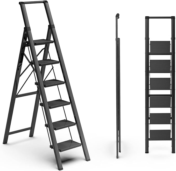 SOLADDER 6 Step Ladder for 12 Feet High Ceiling, Folding Step Stool with Handgrip & Anti-Slip Wide Pedal, Portable Lightweight Aluminum Stepladder for Kitchen, Home (300 lbs Capacity) - Black