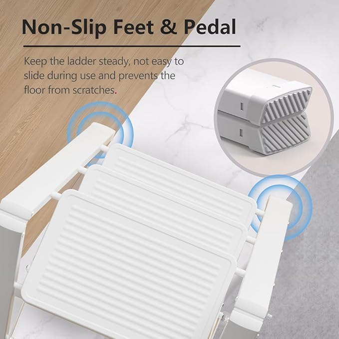 SOLADDER Step Ladder 3 Step Folding, Small Step Stool for Adults, Portable Anti-Slip Iron Stepladder with Wide Pedals for Home and Kitchen Use, Space Saving - White (300 lbs)