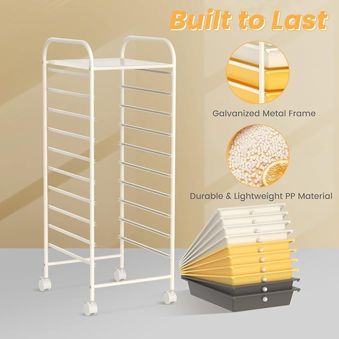 10-Drawer Rolling Storage Cart, Trolley w/Lockable 360° Wheels, 10 Removable PP Drawers, Sturdy Metal Frame, Rolling Utility Cart Perfect for Home, Office, Classroom (Yellow)