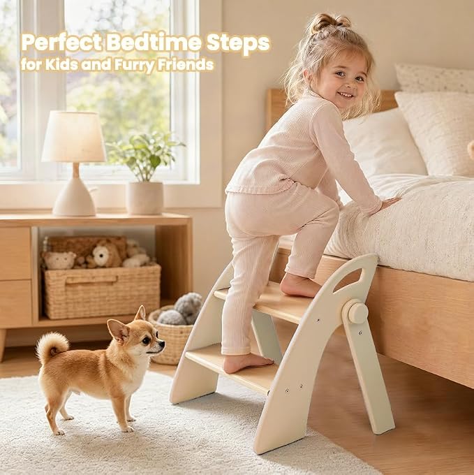 Wooden 2 Step Stool for Toddlers, Foldable 2-Step with Non-Slip Pads and Handles, Bamboo Step Stool for Kids Bathroom Sink and Potty Training, Kitchen Helper, Nursery Bedroom (Log Color)