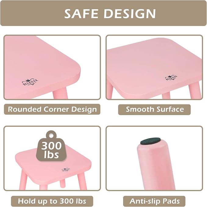 BEE&OAK 11 Inch Wooden Step Stools for Adults, Solid Rubber Wood Non-Slip Step Foot Stool, Heavy Duty 300 lbs One Step Stool for Bedroom, Bathroom, Kitchen,Outdoor (Pink)