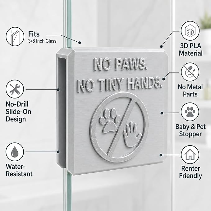 Frameless Glass Shower Door Lock Sleeve - Baby Proofing & Pet Stopper for Bathroom Sliding Doors - No-Drill Security Bumper,Funny Sign – (Silver, 3/8 inch)