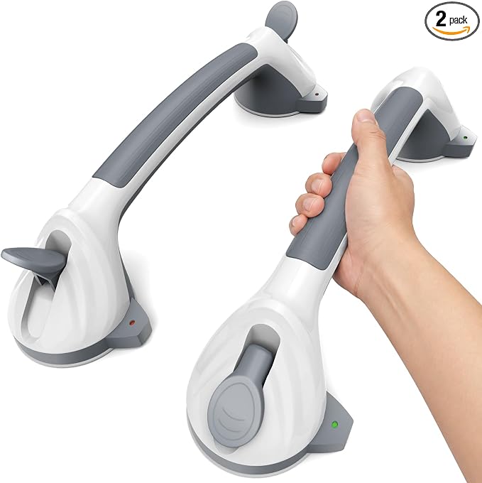 2 Pack 16.5" Suction Grab Bars for Showers with Safety Indicator, No-Drill 4mm Thickened Handicap Shower Handle for Seniors, Non-Slip Bathroom Balance Rail for Smooth Tiles & Tubs