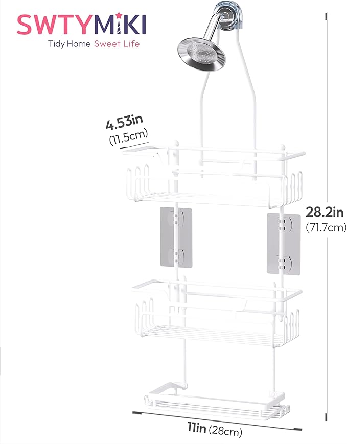 SWTYMIKI Bathroom Shower Caddy Hanging - 3 Tier Rustproof Over Shower Head Organizer, No Drilling Bathroom Shelf with 16 Hooks & Soap Holder, Anti-Swing Rack for Shampoo,Sponge,Towel, White, Medium