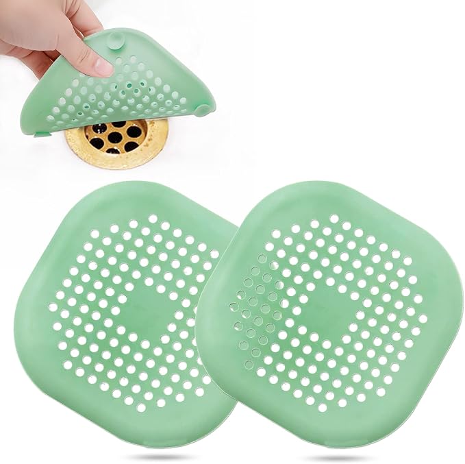 Hair Drain Catcher,Square Drain Cover for Shower Silicone Hair Stopper with Suction Cup,Easy to Install Suit for Bathroom,Bathtub,Kitchen 2 Pack (Green)