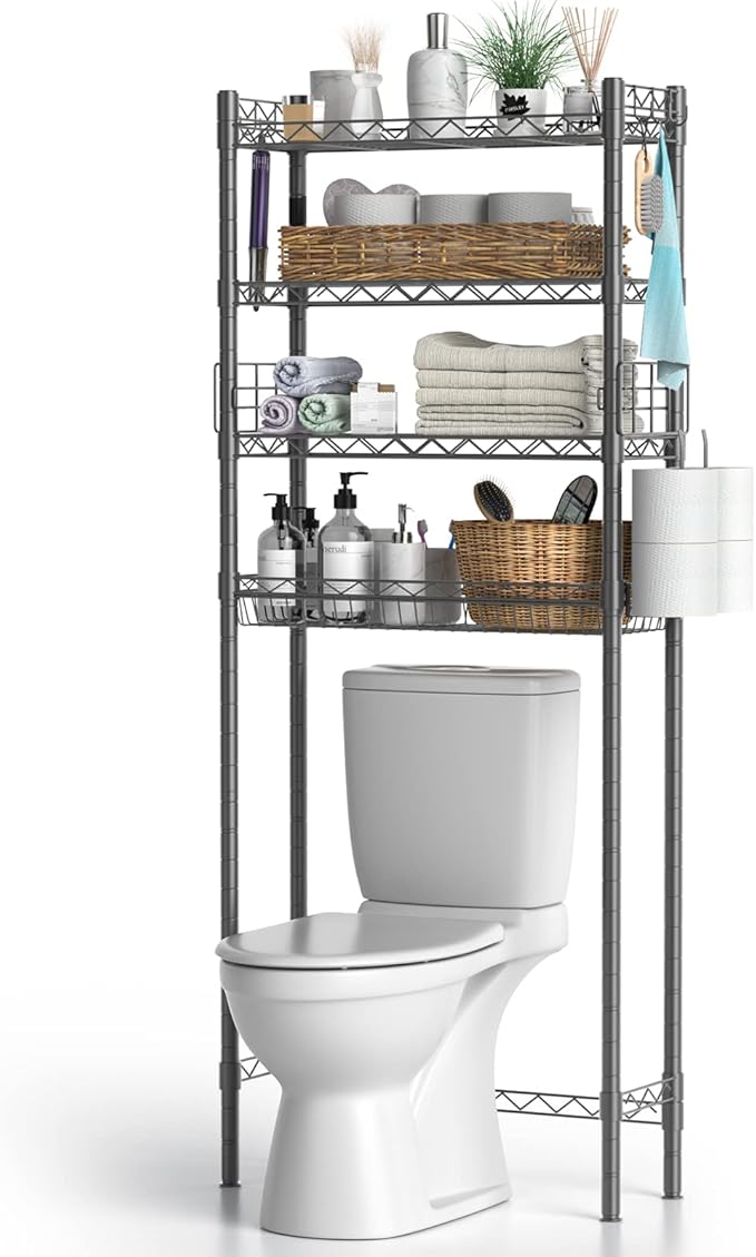 Hodonas 4-Tier Over The Toilet Storage, Adjustable Over Toilet Bathroom Organizer Rack, Freestanding Bathroom Shelves Above Toilet Storage, Sturdy Bathroom Space Saver with Basket and Shelves, Gray