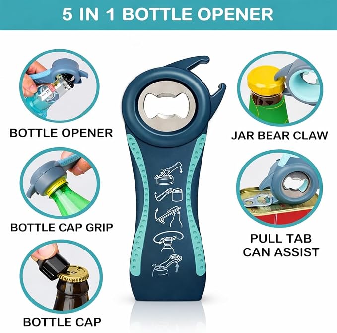 4-in-1 Multi-Function Bottle Opener Set for Jars, Bottles and Wine with Non-Slip Grip (Grey + Sky Blue)