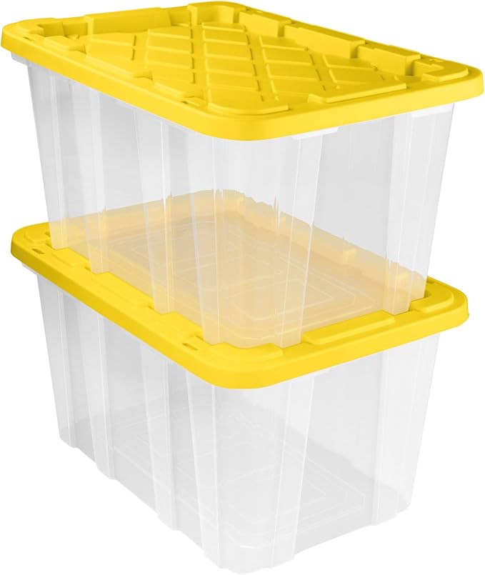 Sterilite 16-Pack Industrial Storage Box, Clear Plastic Organizer Bins with Handles, 27 Gallon, Yellow - Stackable Container Boxes for Bedroom, Bathroom, Garage, and Office Organization
