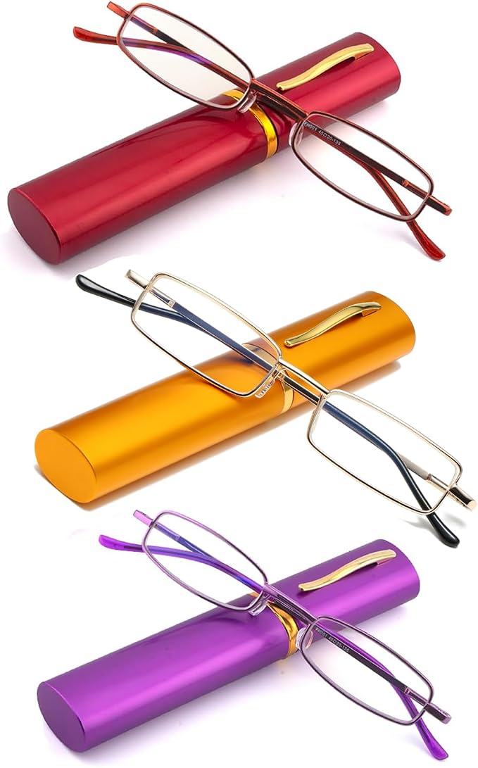Viseng Slim Mini Metal Reading Glasses Compact Lightweight Portable Readers with Glasses Case for Reading Case +3.5 Purple+gold+red