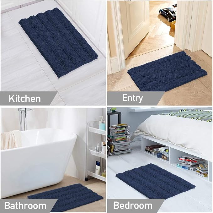 Turquoize Chenille Bathroom Rugs Set Non-Slip Bath Mats for Bathroom Super Absorbent Shaggy Rugs for Tub Shower Toilet Plush Bath Rug Plus U Contour Rug (Standard: 20" x 32" and 20" x 20" U), Navy