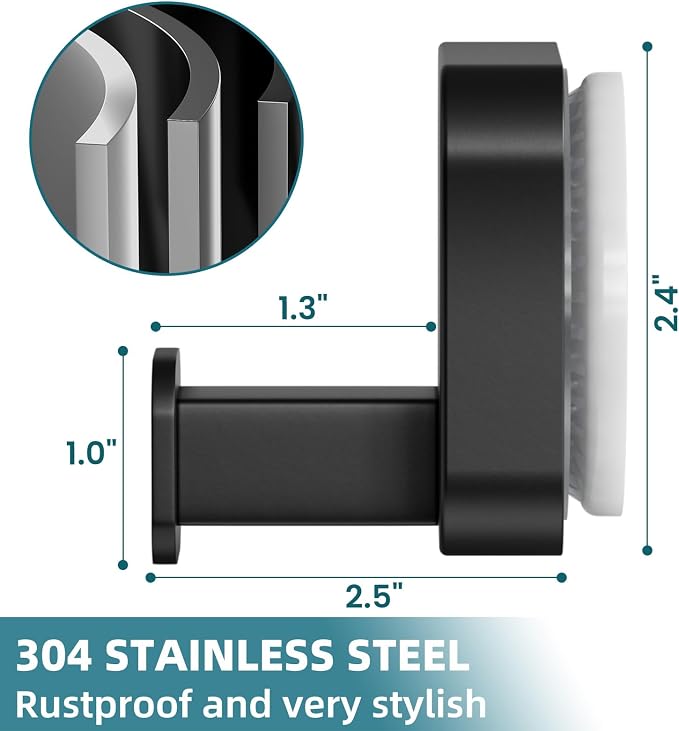 TAILI 304 Stainless Steel Bathroom Suction Hook for Towel, Loofah, Bathrobe, Patented Strong Suction Cup, Damage-Free Hanging Glass Shower Wall Hook, Hold Up to 11 Lbs, 2 Pack, Modern Square, Black