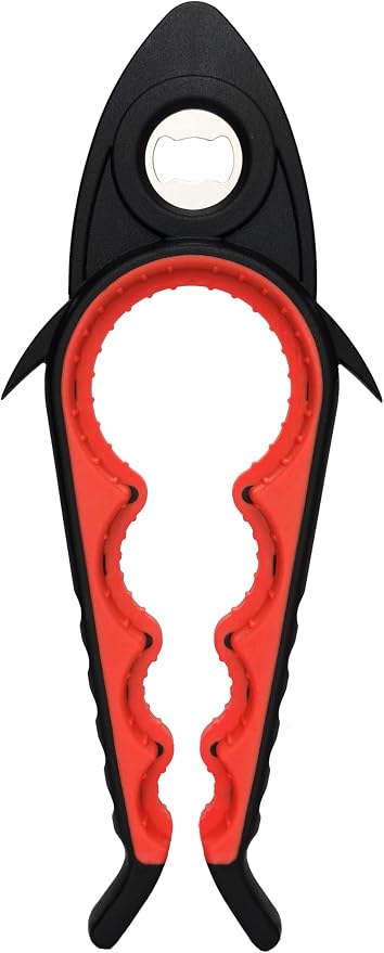 Jar Opener Bottle Opener for Arthritis, 5-in-1 Multifunctional Jar Opener, Easy to Use for Seniors and Weak Hands, Shark Shape Kitchen Gadget for jar, Beer and Bottle (Black and Red)