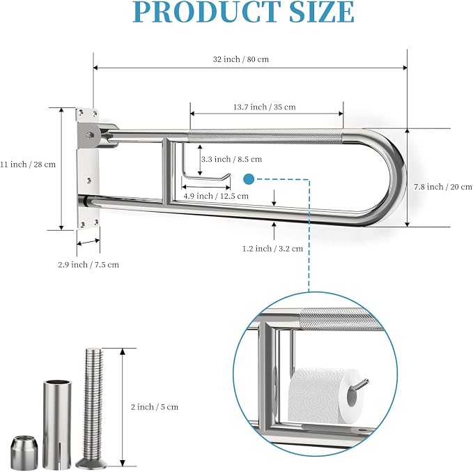 Toilet Grab Bar 32 Inch Chrome, Munzong Anti-Slip Handicap Grab Bars with Paper Holder, Flip-Up Bathroom Safety Rails, Stainless Steel Knurled Support handrails for Seniors Elderly Disabled Pregnant