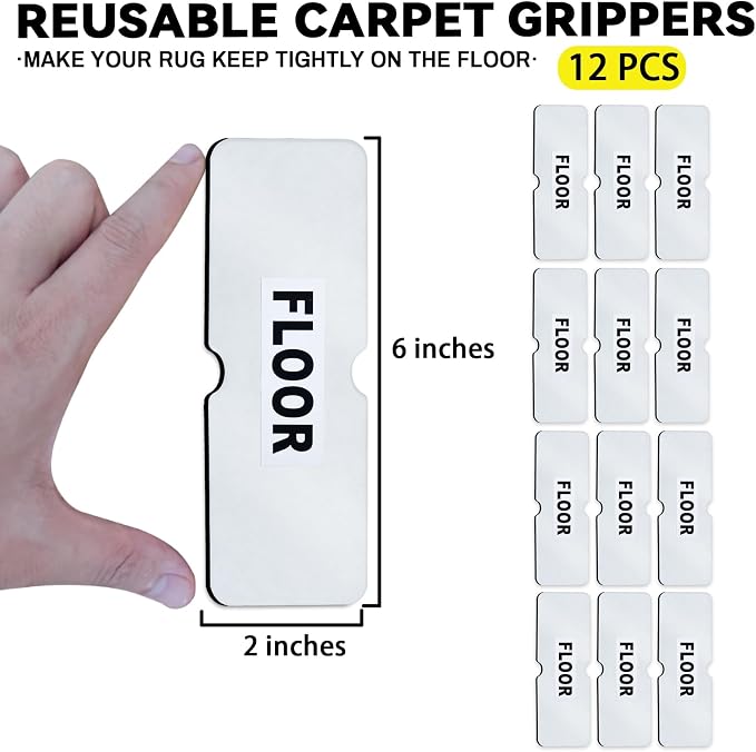 Rug Non Slip Grippers, Reusable Rug Tape, No Damaging for Hardwood Floors, Carpet Grippers Stickers Pads for Area Rugs Corners Flat, 12Pcs