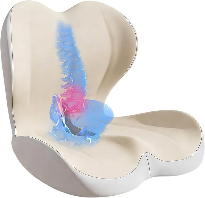 Seat Cushion for Office Chair and Car, Lumbar Support Pillow for Office Chair, Memory Foam Ergonomic Seat Cushion for Long Sitting, Back & Tailbone Pain, Sciatica - Beige & Gray