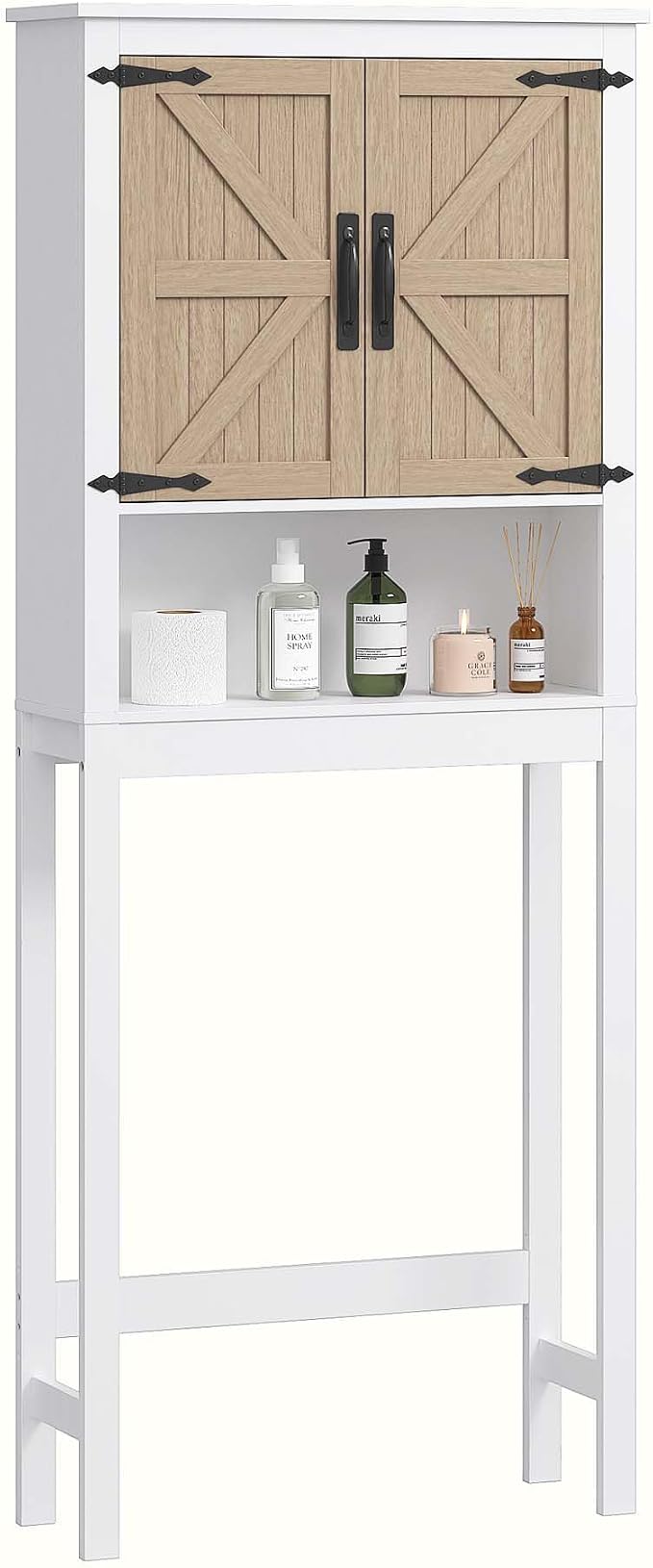 Spirich Over The Toilet Storage Cabinet, Farmhouse Over Toilet Bathroom Organizer with Wood Grain Barn Doors and Adjustable Shelves