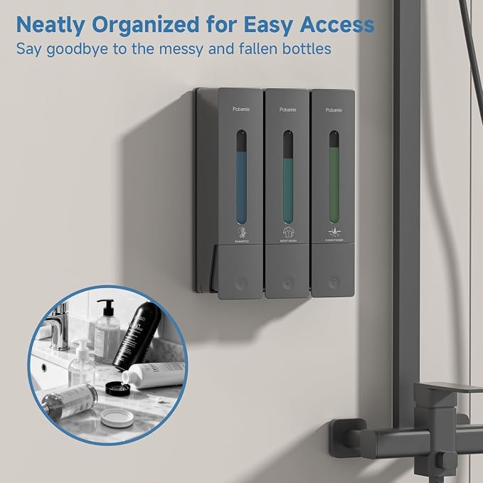 Shampoo and Conditioner Dispenser - Shower Soap Dispenser Wall Mounted No Drill - Shampoo Conditioner Body Wash Dispenser 3 Chamber - Easy Install for Bathroom Hotel Gungrey 1200ml