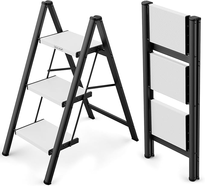 WOA WOA 3 Step Ladder, Folding Step Stool with Wide Non-Slip Aluminum Pedals, Stable and Portable, 330 lbs Capacity, for Home, Kitchen, Office - Black & White