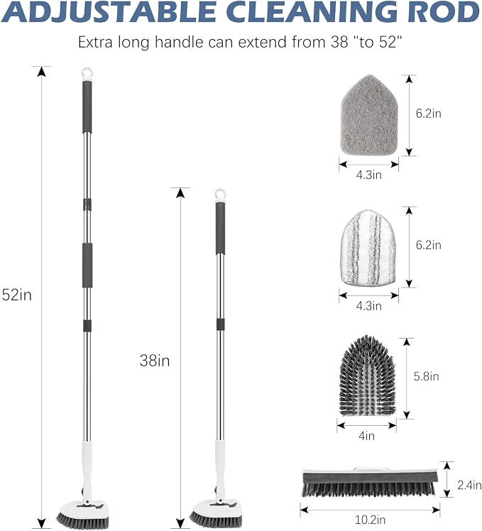 SetSail 4-in-1 Tile Tub Floor Scrubber with 52-inch Long Adjustable Handle Shower Cleaner Brush with V-Shaped Grout Brush and 3 Replacement Brush Heads for Bathroom Kitchen Walls Tub Tile, White Grey