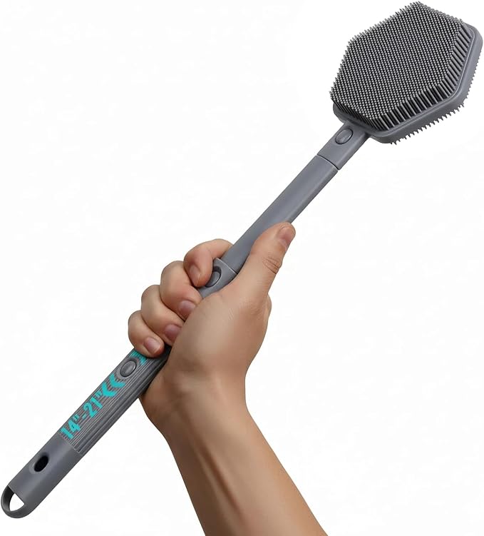 AIMAIAIMAI Silicone Back Scrubber for Shower – 21in Extendable Shower Brush with Long Handle – Dual-Sided Back Brush with Non-Slip Grip, Gentle Cleansing & Exfoliation for Men, Women, Elderly (Gray)