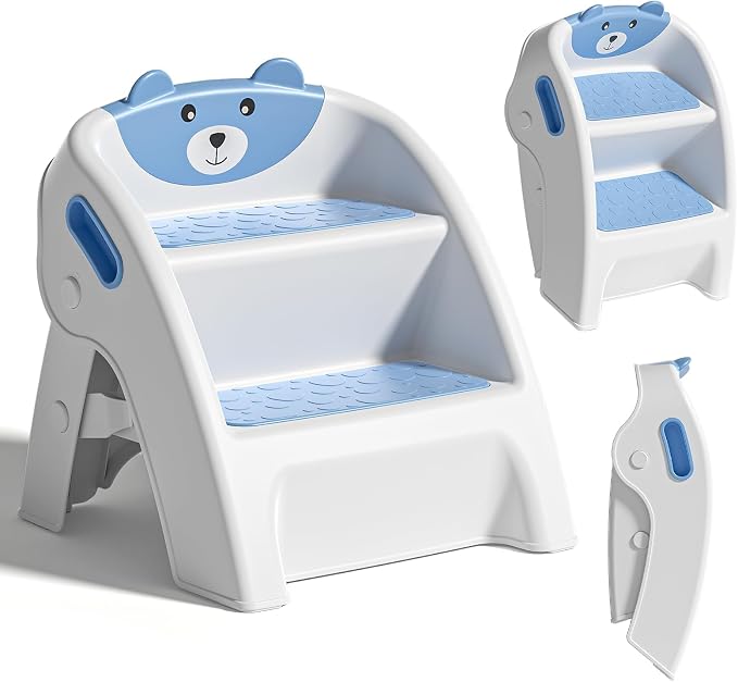 TPN Toddler Step Stool for Bathroom Sink and Potty Training Durable Anti-Slip,Anti-Tip A-Frame,10-Second Assembly, 2-Step Potty Stool with Wide Steps (Light Blue)