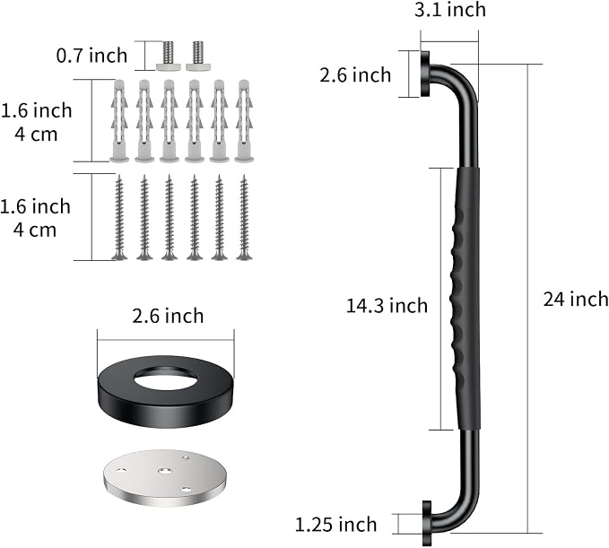 Anti-Slip Black Bathroom Grab Bar 24 inch, iMomwee Stainless Steel Shower Handrail for Elderly, Wall Mounted Safety Handicap Bars, Balanced Support Handle Bar for Senior
