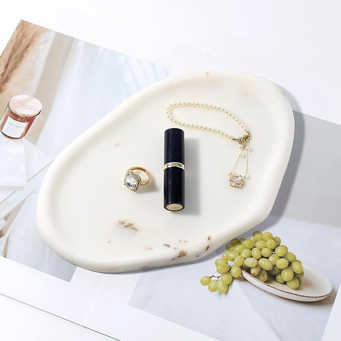 Koville Luxurious White Marble Vanity Tray, Cloud Shape Serving Stone Key Tray for Home Decor, 10"x7" Bathroom Marble Storage Trays, Stone Plate Holder for Perfume and Jewelry (Oriental Calacatta)