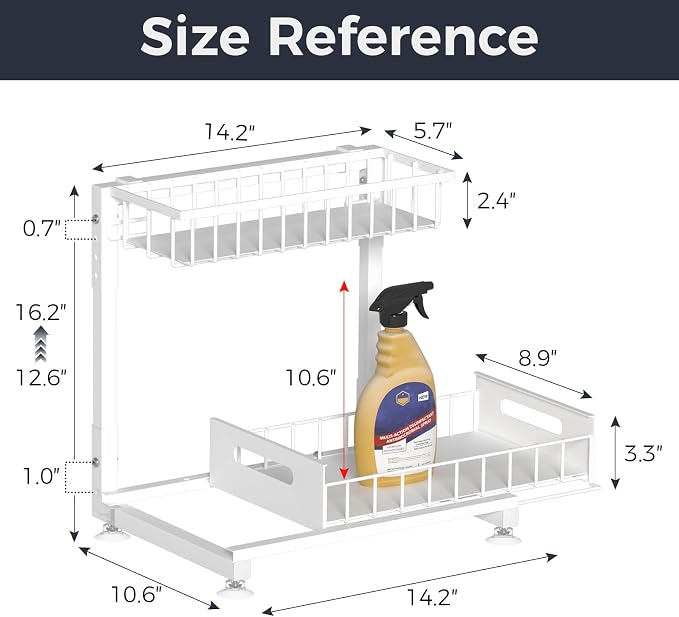 L-Shaped Under Sink Organizer, 2 Pack 2-Tier Pull Out Metal Kitchen Cabinet Organizer with Sliding Storage Drawer, Height Adjustable Heavy Duty Under Bathroom Sink Storage for Cleaning Supplies
