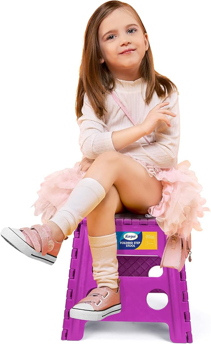 Korpai 13" Folding Step Stool for Adults and Kids Holds Up to 300 lbs,Non-Slip Folding Stools with Portable Handle, Compact Plastic Foldable Step Stool for Bathroom,Bedroom, Kitchen, Purple,1PC