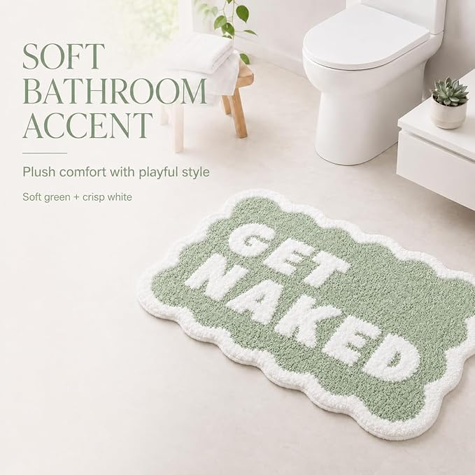 Scalloped Sage Green Bath Rug, Get Naked Cute Bathroom Rug, Soft Absorbent Quick Dry Bath Mat, TPR Non Slip Backing, Microfiber Mat for Shower Tub Sink Vanity 20" x 31.5"