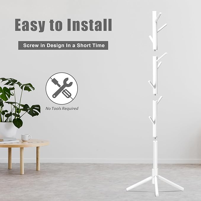 Coat Rack, Coat Racks Freestanding with 8 Hooks 3 Adjustable Heights for Clothes, Hats, Handbags, Coat Tree Easy Assembly for Entryway, Bedroom, Hallway, Office(White)